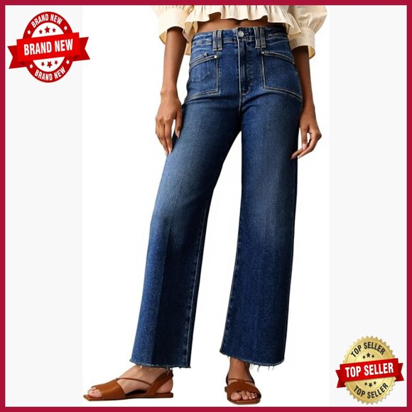 Denim - High Waisted Cropped Jeans Stretchy Baggy Straight Leg Raw Hem Denim Pants